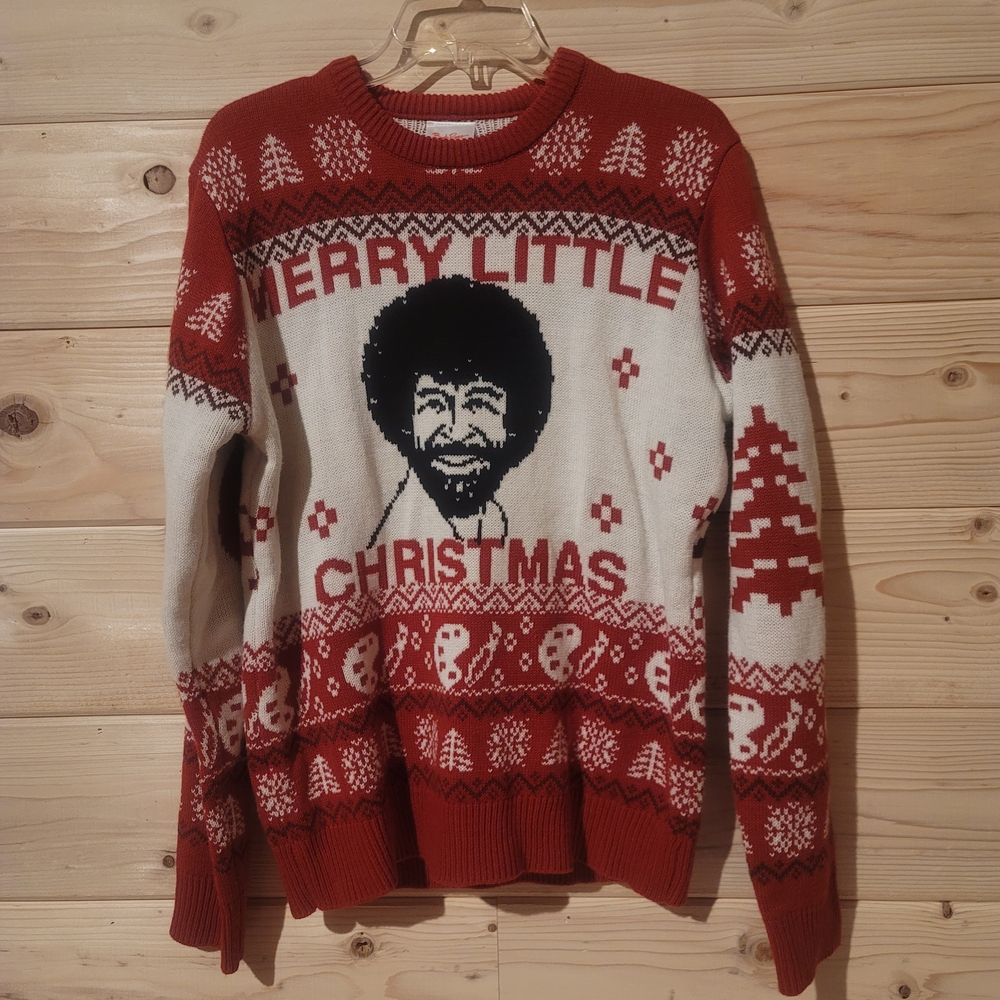 Bob Ross Merry Little Christmas Ugly Cute Holiday Sweater Size M 21x26